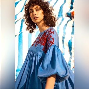 Anthropologie Hemant & Nandita Blue Lianna Embroidered Blouse Size XL